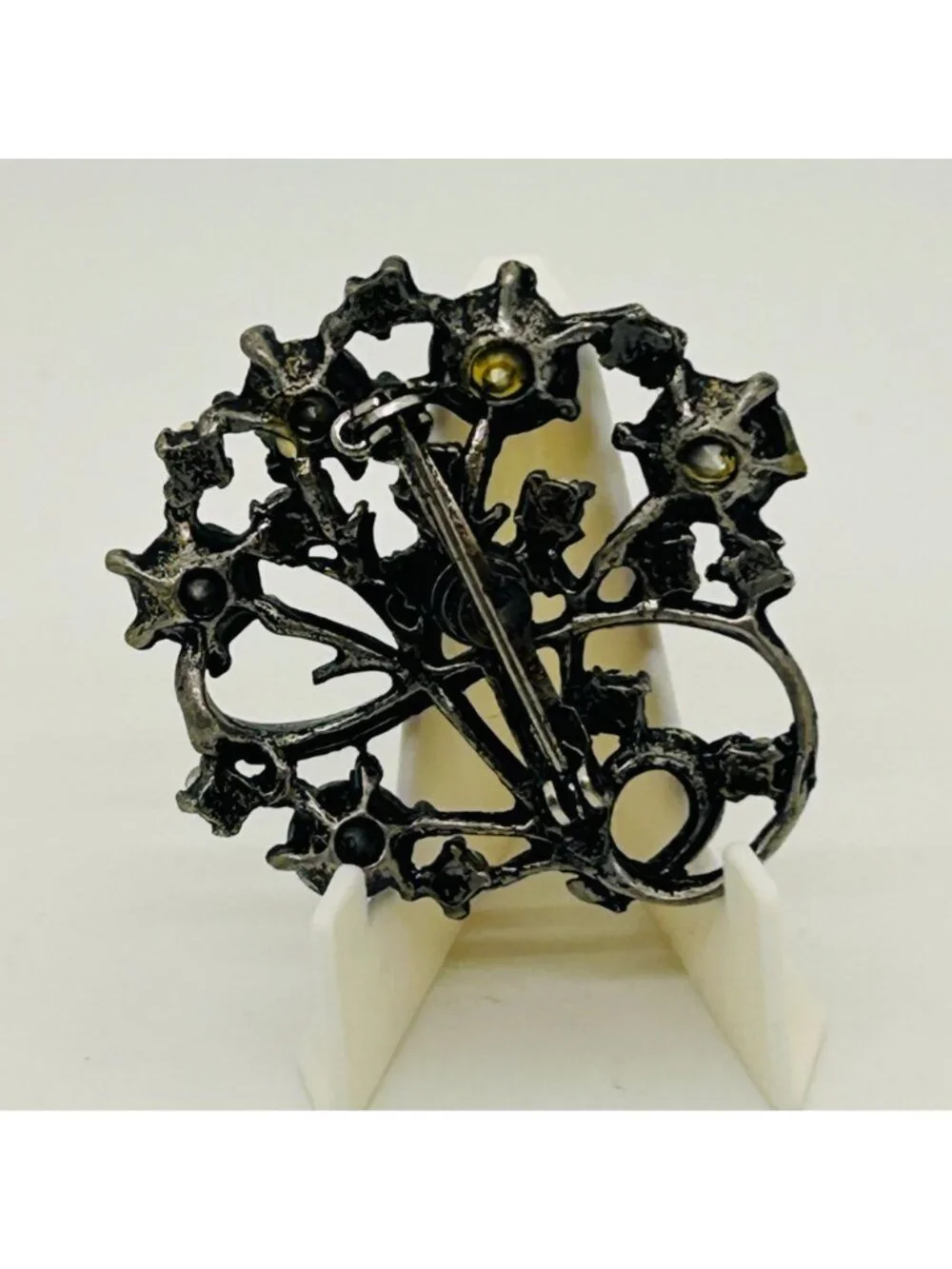 Vintage Aurora Borealis Rhinestone Brooch Peacock Colored Pin Gunmetal